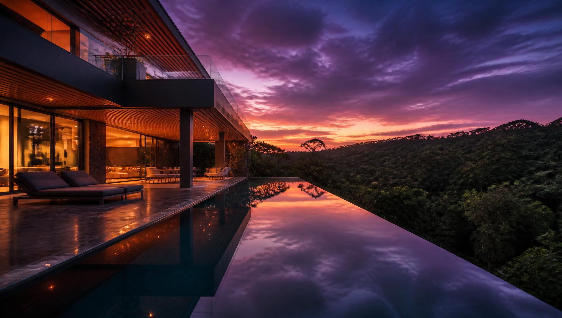 Piscina de borda infinita ao entardecer